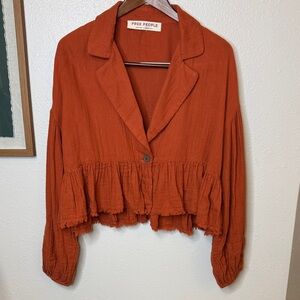 Free People Lyra Cotton Terracotta Ruffled Blouse Jacket -‎ Small